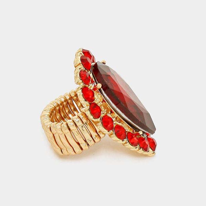 Crystal Red Teardrop Stretch Gold Cocktail Ring