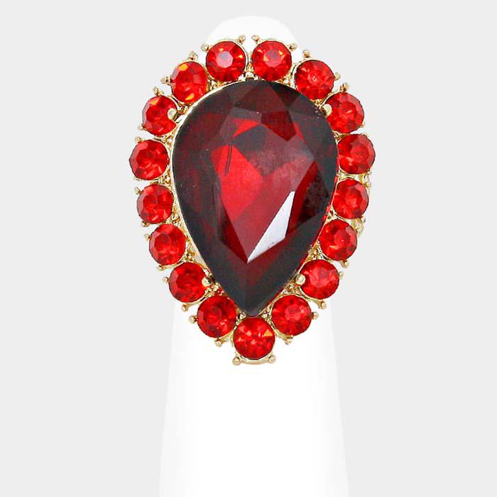 Crystal Red Teardrop Stretch Gold Cocktail Ring