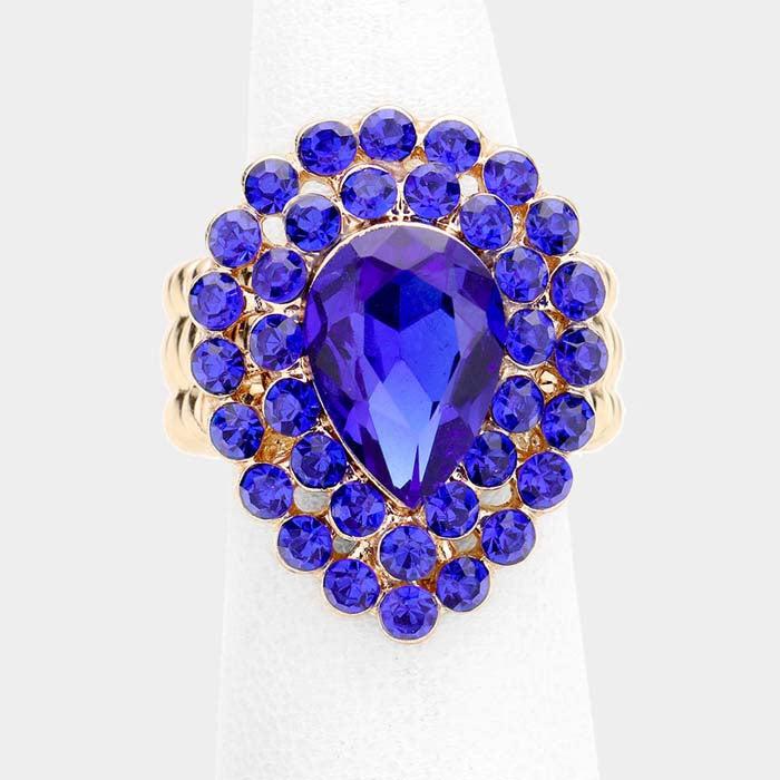 Crystal Royal Blue Teardrop Centered Bubble Cluster Stretch Ring