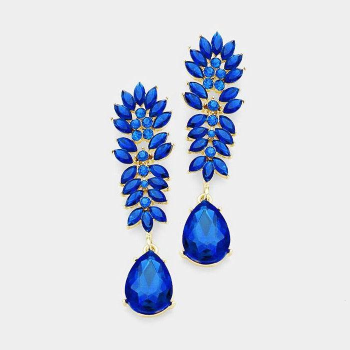 Crystal Sapphire Blue Cluster Teardrop Evening Earrings
