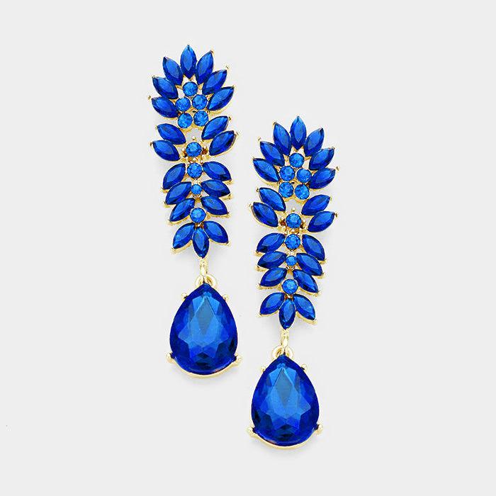 Crystal Sapphire Blue Cluster Teardrop Evening Earrings
