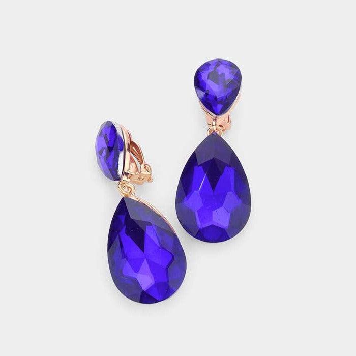 Crystal Sapphire Blue Double Teardrop Clip On Evening Earrings