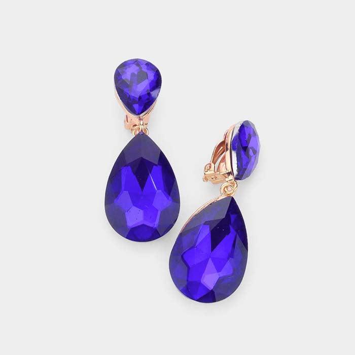 Crystal Sapphire Blue Double Teardrop Clip On Evening Earrings
