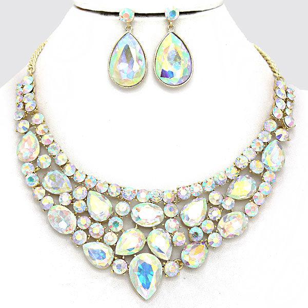 Crystal Teardrop Abalone Crescent Necklace Set