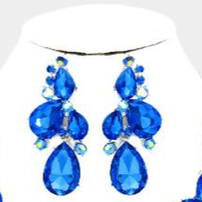 Blue Crystal Teardrop Cluster Vine Evening Necklace Set