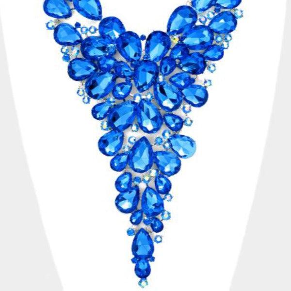 Blue Crystal Teardrop Cluster Vine Evening Necklace Set