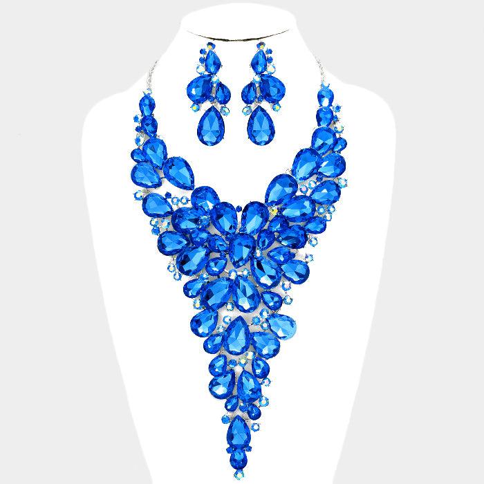 Blue Crystal Teardrop Cluster Vine Evening Necklace Set