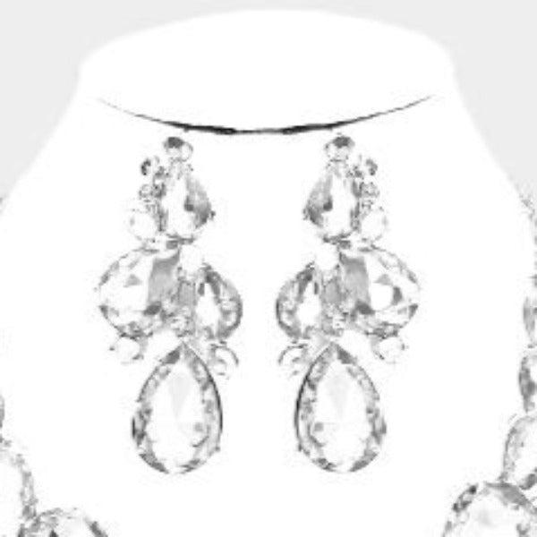 Crystal Teardrop Clear Cluster Vine Necklace Set