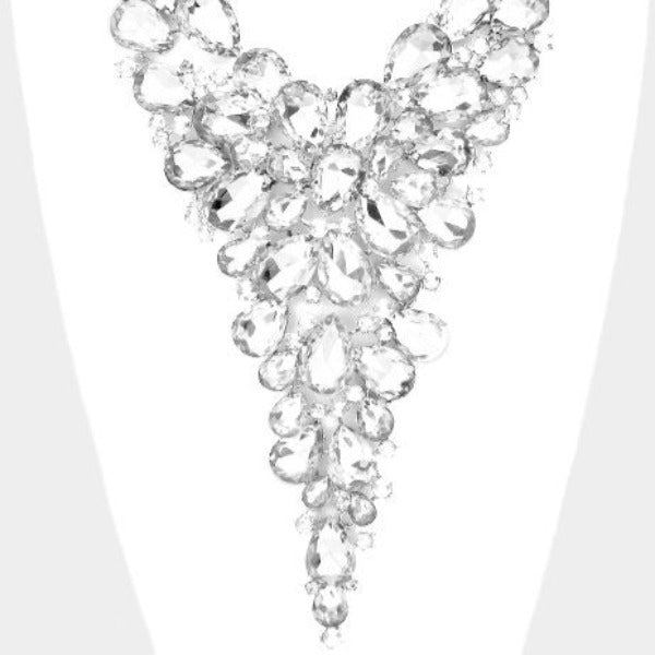 Crystal Teardrop Clear Cluster Vine Necklace Set