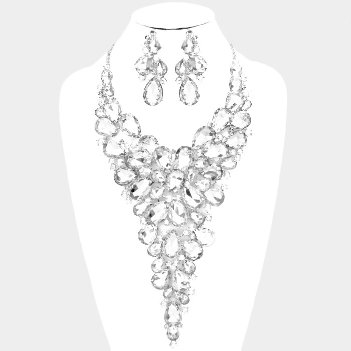 Crystal Teardrop Clear Cluster Vine Necklace Set