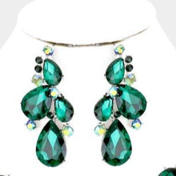 Crystal Teardrop Emerald Green Cluster Vine Necklace Set