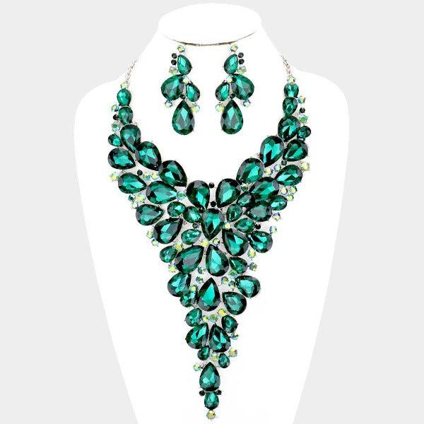 Crystal Teardrop Emerald Green Cluster Vine Necklace Set