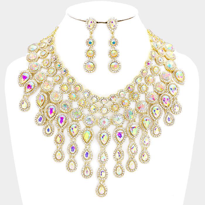 Crystal Teardrop Fringe Statement Evening Necklace Set-Necklace-SPARKLE ARMAND