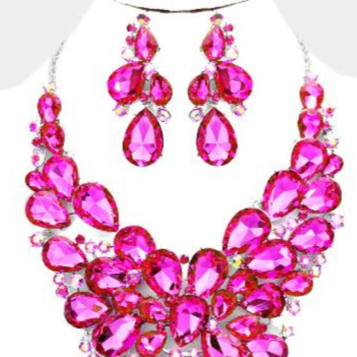 Fuchsia Crystal Teardrop Cluster Vine Evening Necklace Set