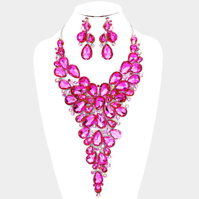 Fuchsia Crystal Teardrop Cluster Vine Evening Necklace Set