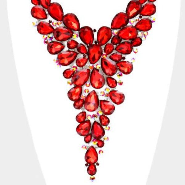 Crystal Teardrop Red Cluster Vine Necklace Set
