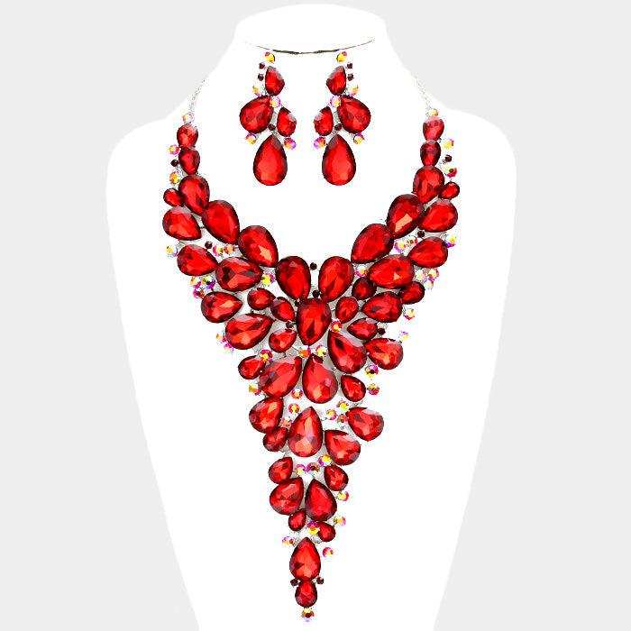 Crystal Teardrop Red Cluster Vine Necklace Set