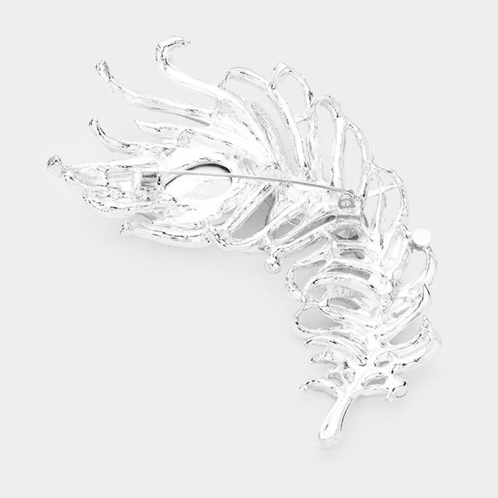 Curved Feather Clear Crystal Teardrop Brooch