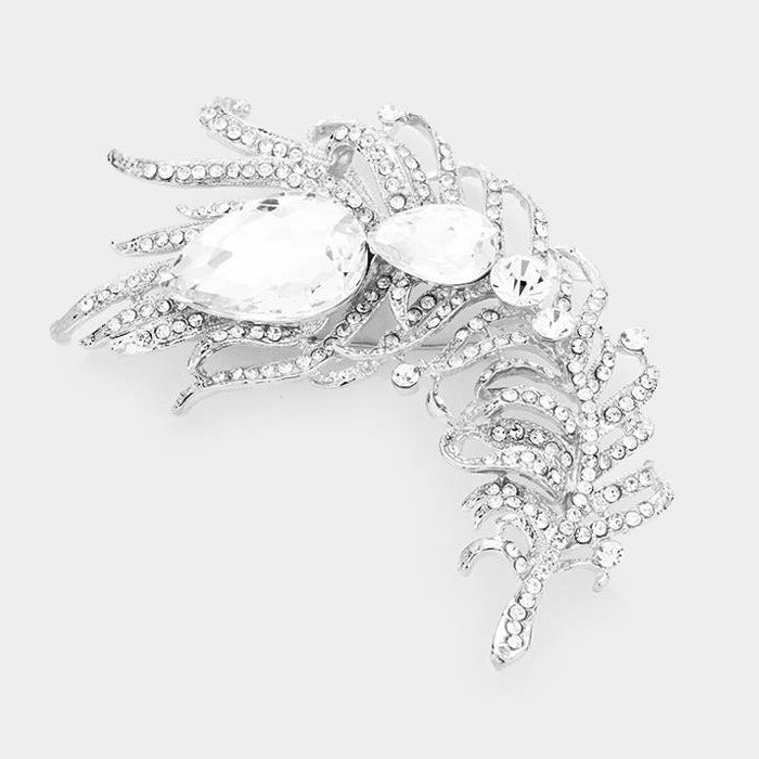 Curved Feather Clear Crystal Teardrop Brooch