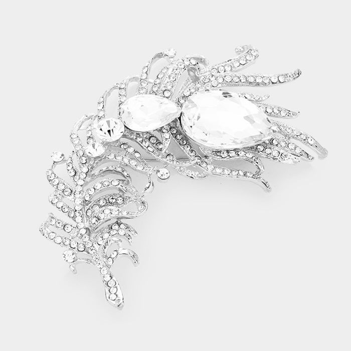 Curved Feather Clear Crystal Teardrop Brooch