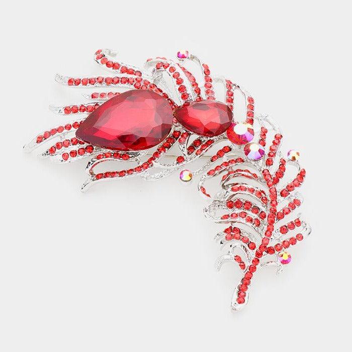 Curved Feather Red Crystal Teardrop Brooch