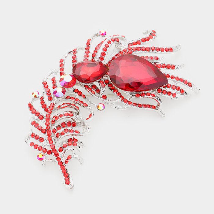 Curved Feather Red Crystal Teardrop Brooch