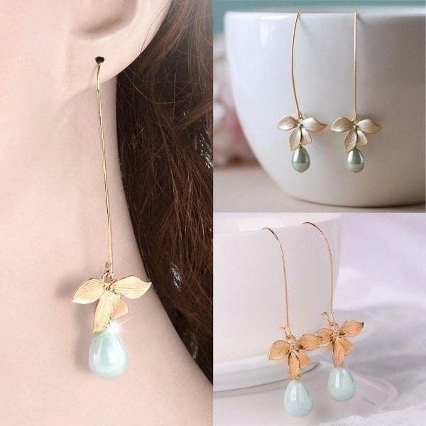 Dangling Sage Green Bead Flower Earring-Earring-SPARKLE ARMAND