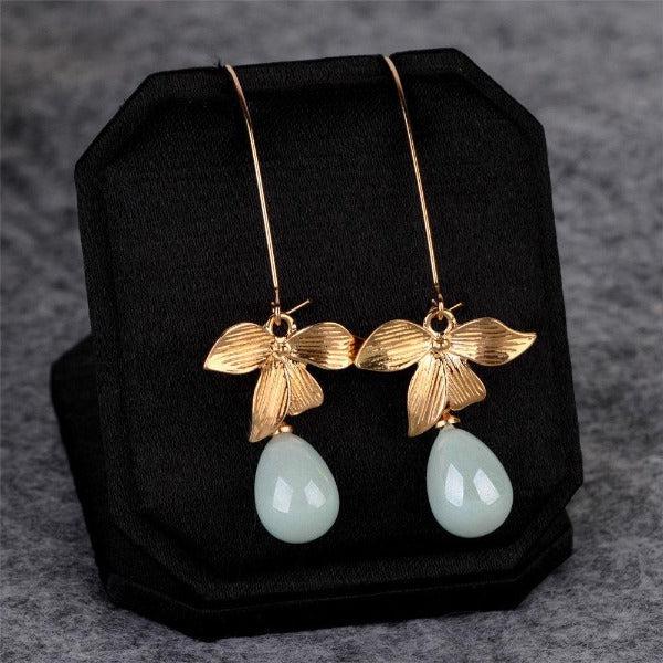 Dangling Sage Green Bead Flower Earring-Earring-SPARKLE ARMAND