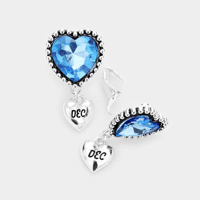 December _ Birthstone Heart Dangle Clip On Earrings