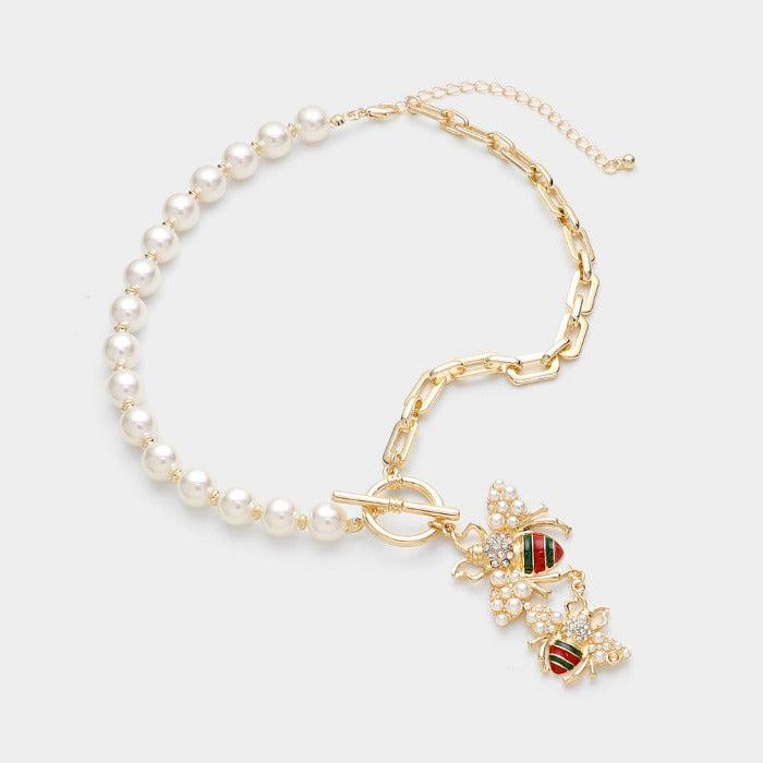 Double Honey Bee Pendant Pearl Necklace Set by Wildflower