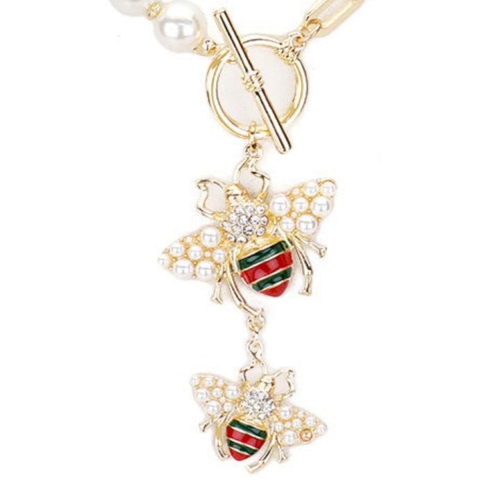 Double Honey Bee Pendant Pearl Necklace Set by Wildflower