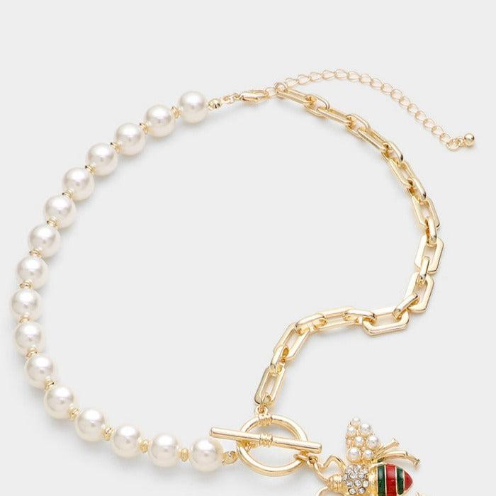 Double Honey Bee Pendant Pearl Necklace Set by Wildflower