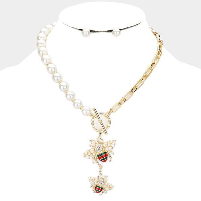 Double Honey Bee Pendant Pearl Necklace Set by Wildflower