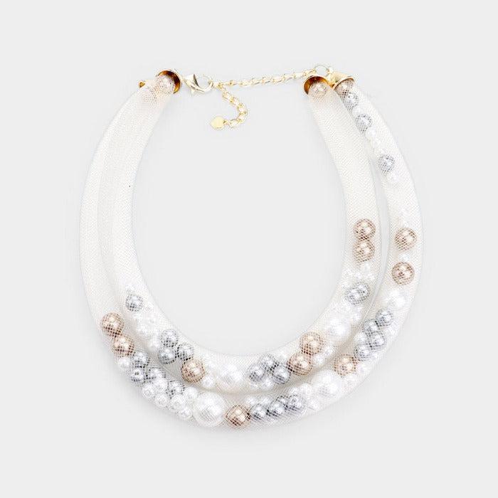 Double Mesh Tube Brown, White, & Gray Pearl Collar Necklace Set