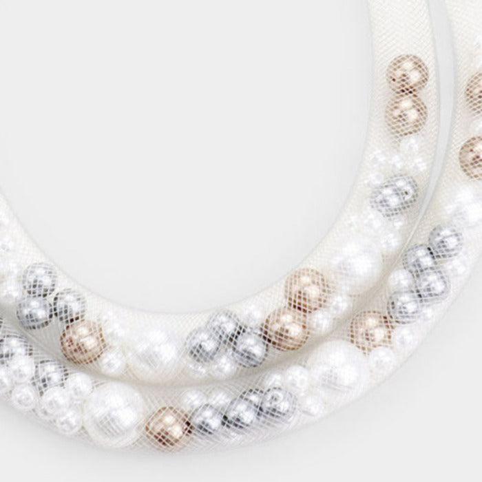 Double Mesh Tube Brown, White, & Gray Pearl Collar Necklace Set