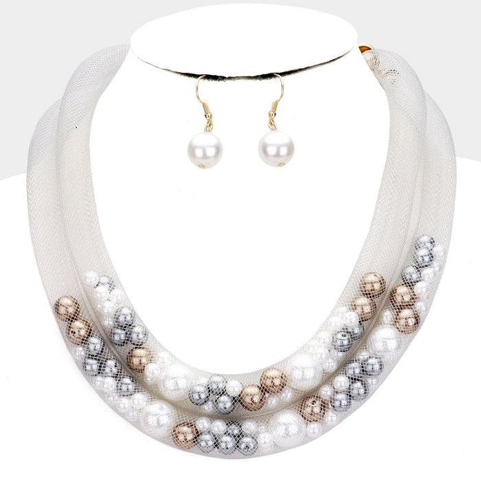 Double Mesh Tube Brown, White, & Gray Pearl Collar Necklace Set