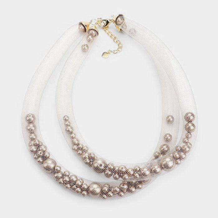 Double Mesh Tube Brown Pearl Collar Necklace Set