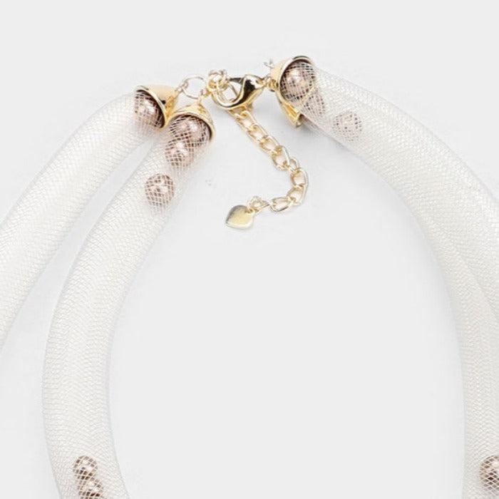 Double Mesh Tube Brown Pearl Collar Necklace Set