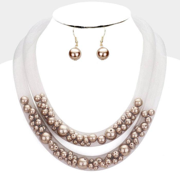 Double Mesh Tube Brown Pearl Collar Necklace Set