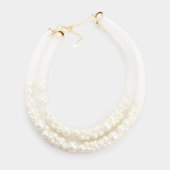 Double Mesh Tube Cream Pearl Collar Necklace Set