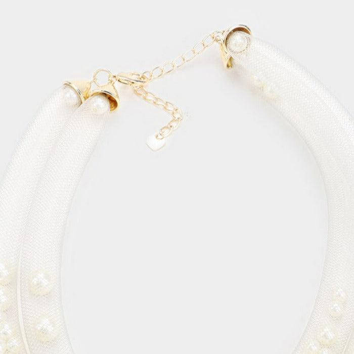 Double Mesh Tube Cream Pearl Collar Necklace Set