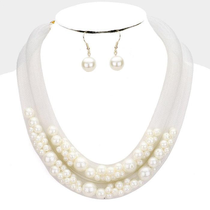 Double Mesh Tube Cream Pearl Collar Necklace Set