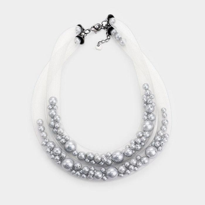 Double Mesh Tube Gray Pearl Collar Necklace Set