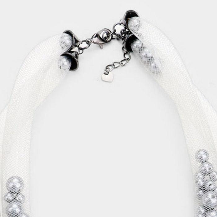 Double Mesh Tube Gray Pearl Collar Necklace Set