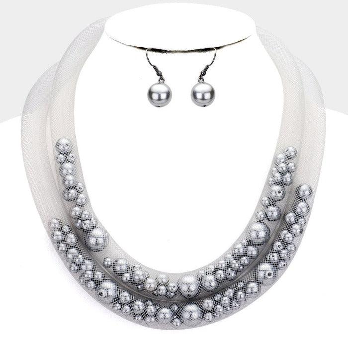 Double Mesh Tube Gray Pearl Collar Necklace Set