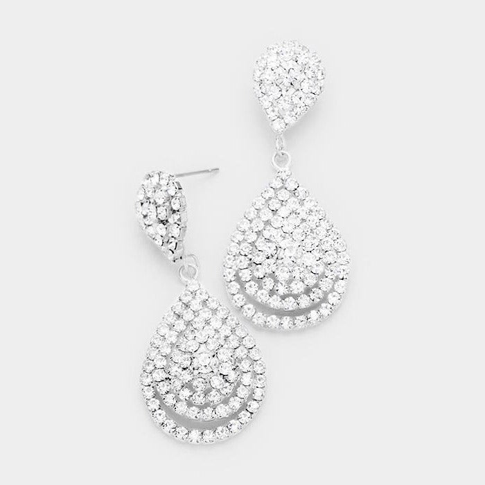 Double Teardrop Clear Crystal Silver Evening Earrings by BLUE ICE
