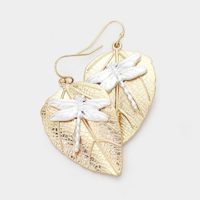 Dragonfly Accented Two Tone Leaf Earrings by Pomina