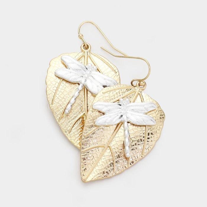 Dragonfly Accented Two Tone Leaf Earrings by Pomina