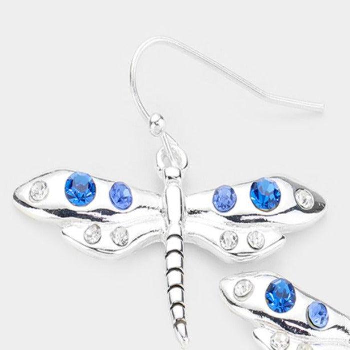 Dragonfly Blue Rhinestone Earrings-Earring-SPARKLE ARMAND