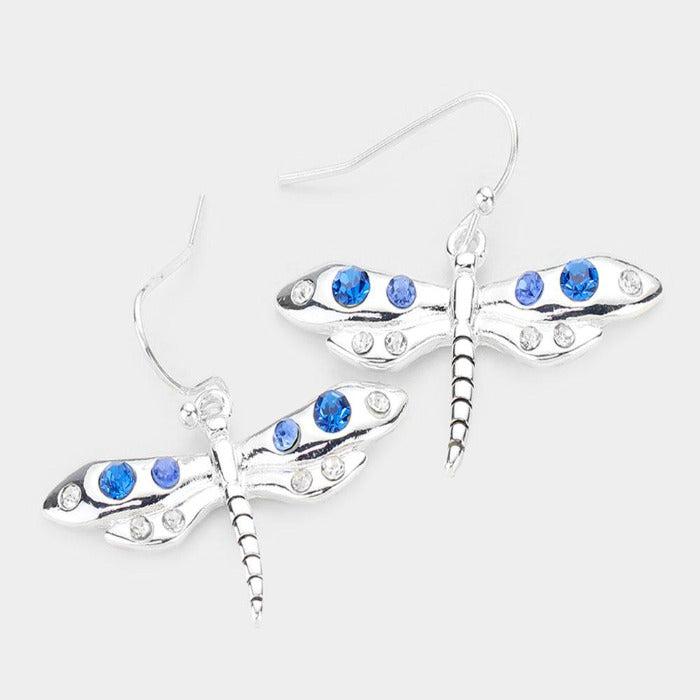 Dragonfly Blue Rhinestone Earrings-Earring-SPARKLE ARMAND
